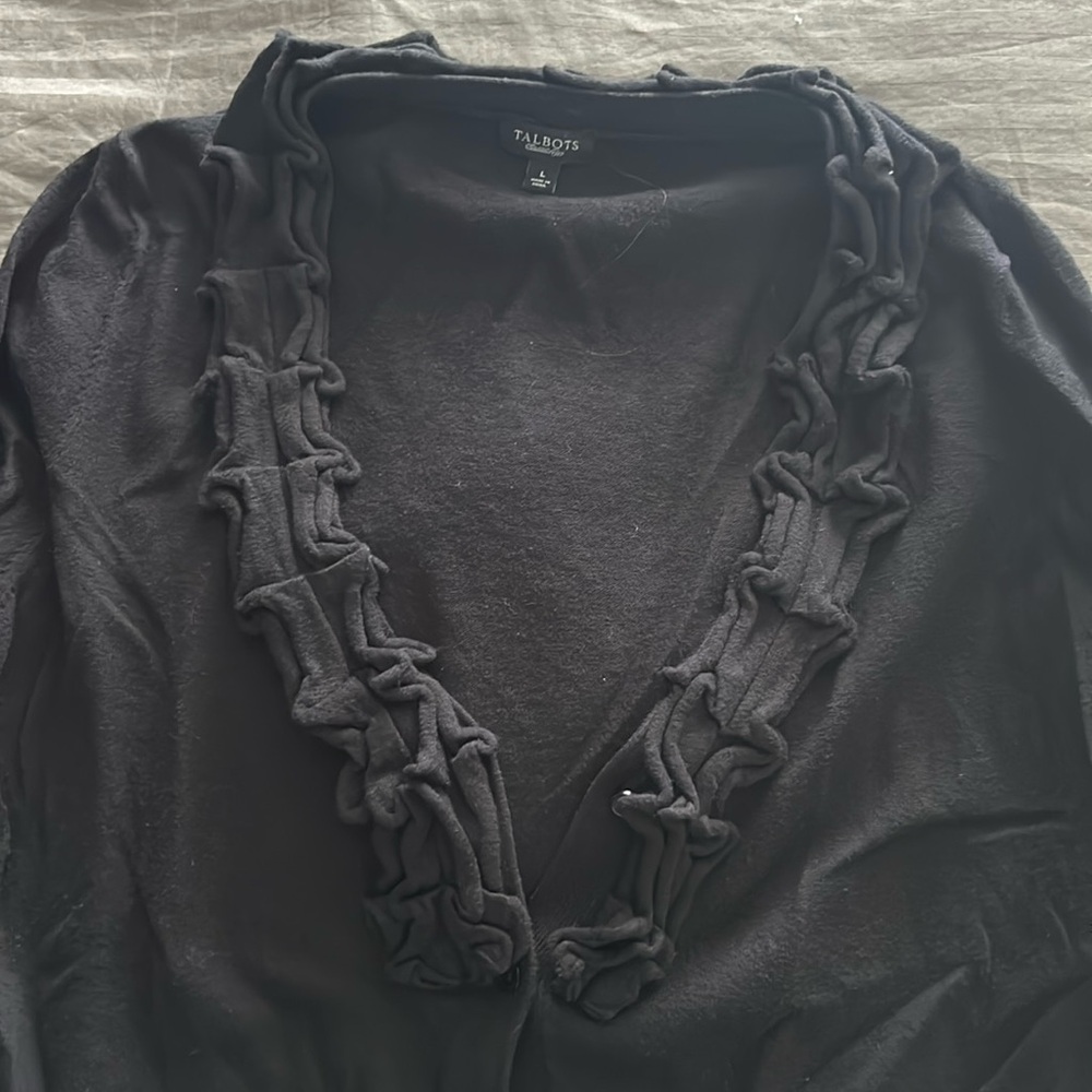 Talbots Ruffle Front Black Wool Blend Cardigan